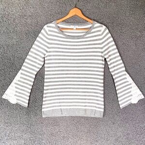Roz Ali Sweater Women M Gray White Stripe Lace Bell Sleeve Scoop Neck Shirt Top